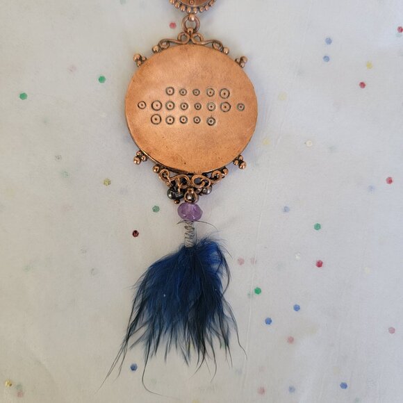 SATELLITE PARIS VINTAGE HAMMERED COPPER PENDANT FEATHER & SEMI PRECIOUS BEADS - Picture 7 of 7